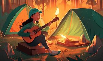 Kinder spielen Gitarre auf ein Lager Feuer, Illustration Design mit generativ ai foto
