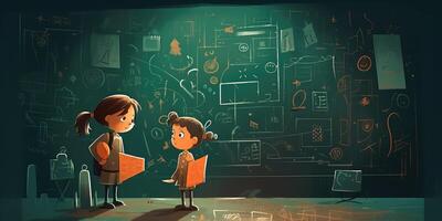 zwei Kinder Stehen mit Tafel Nächster zu jeder andere, Karikatur Illustration mit generativ ai foto