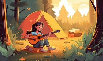 Kinder spielen Gitarre auf ein Lager Feuer, Illustration Design mit generativ ai foto