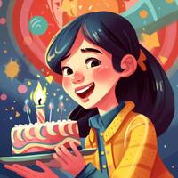 ein Mädchen ist halten ein Kuchen während feiern ein Geburtstag, Karikatur Illustration mit generativ ai foto