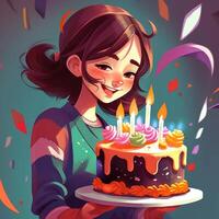 ein Mädchen ist halten ein Kuchen während feiern ein Geburtstag, Karikatur Illustration mit generativ ai foto