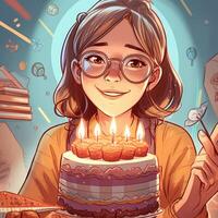 ein Mädchen ist halten ein Kuchen während feiern ein Geburtstag, Karikatur Illustration mit generativ ai foto