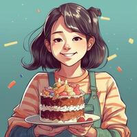 ein Mädchen ist halten ein Kuchen während feiern ein Geburtstag, Karikatur Illustration mit generativ ai foto