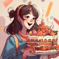 ein Mädchen ist halten ein Kuchen während feiern ein Geburtstag, Karikatur Illustration mit generativ ai foto