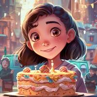 ein Mädchen ist halten ein Kuchen während feiern ein Geburtstag, Karikatur Illustration mit generativ ai foto