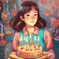 ein Mädchen ist halten ein Kuchen während feiern ein Geburtstag, Karikatur Illustration mit generativ ai foto