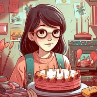 ein Mädchen ist halten ein Kuchen während feiern ein Geburtstag, Karikatur Illustration mit generativ ai foto