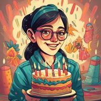 ein Mädchen ist halten ein Kuchen während feiern ein Geburtstag, Karikatur Illustration mit generativ ai foto