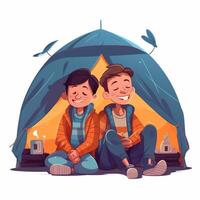Kinder mit ein Lager Stuhl und Zelt, Karikatur Illustration mit generativ ai foto