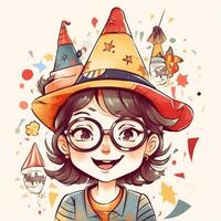 ein Kind mit Brille und ein Hut ist feiern ihr Geburtstag, Karikatur Illustration mit generativ ai foto