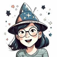 ein Kind mit Brille und ein Hut ist feiern ihr Geburtstag, Karikatur Illustration mit generativ ai foto