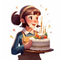 ein Mädchen ist halten ein Kuchen während feiern ein Geburtstag, Karikatur Illustration mit generativ ai foto