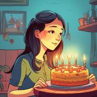 ein Mädchen ist halten ein Kuchen während feiern ein Geburtstag, Karikatur Illustration mit generativ ai foto