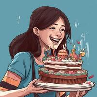 ein Mädchen ist halten ein Kuchen während feiern ein Geburtstag, Karikatur Illustration mit generativ ai foto