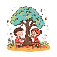 zwei Kinder spielen um das Baum, Karikatur Illustration mit generativ ai foto