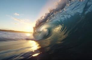 ein groß Welle suchen in das Welle Tunnel während Sonnenuntergang erstellt mit generativ ai Technologie. foto