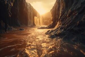 ein Wasserfall von Flüssigkeit Metall im ein apokalyptisch Landschaft erstellt mit generativ ai Technologie. foto