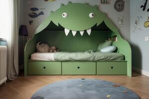 ein Kinder Schlafzimmer mit ein Monster- Bett erstellt mit generativ ai Technologie. foto