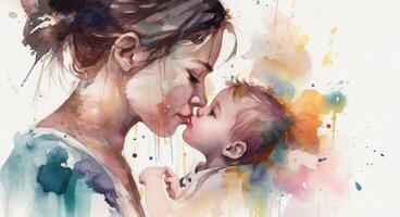ein Aquarell Zeichnung von ein ein Mutter und Kind zusammen, Illustration mit generativ ai foto