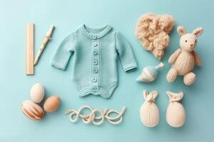 Baby Zubehör Konzept. oben Aussicht Foto von Baby Kleider mit leeren Raum auf isoliert Pastell- Hintergrund. generativ ai