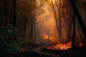 Wald Feuer mit Bäume auf Feuer Foto mit generativ ai