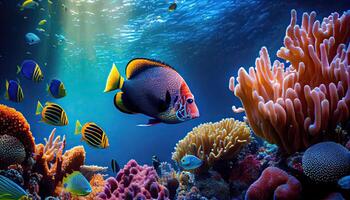 unter Wasser Szene. Koralle Riff, bunt Fisch Gruppen und sonnig Himmel leuchtenden durch sauber Ozean Wasser. Raum unter Wasser zum Sie zu füllen oder gerade verwenden eigenständige. hoch res. generativ ai foto