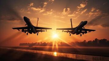 Militar Flugzeug fliegend Über das Wolken im tolle Sonnenuntergang. generativ ai. foto