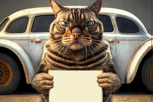 ein Katze mit ein unterzeichnen. Werbung Banner im das Pfoten von ein Katze auf das Hintergrund von ein retro Wagen. Kopieren Raum. ai generativ foto