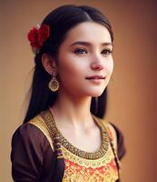 Porträt von ein slawisch europäisch Mädchen im National Kostüm. generativ ai foto