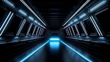 Blau Weiß LED Beleuchtung sci fi futuristisch modern Raumschiff dunkel Tunnel Gang. generativ ai foto