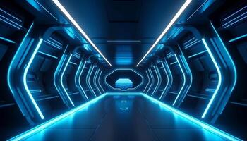 Blau Weiß LED Beleuchtung sci fi futuristisch modern Raumschiff dunkel Tunnel Gang. generativ ai foto