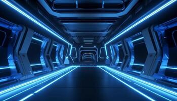 Blau Weiß LED Beleuchtung sci fi futuristisch modern Raumschiff dunkel Tunnel Gang. generativ ai foto