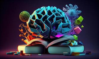 Buch und Gehirn - - modern Idee und Konzept Illustration Geschäft. Idee Konzept mit ein öffnen Buch, Gehirn, und Buch auf ein Grün hintergrund.generativ ai foto