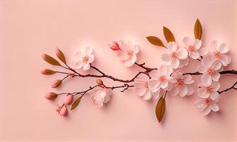 verträumt Kirsche Blüten wie ein natürlich grenzt an Rosa Hintergrund. Kirsche Blumen im klein Cluster auf ein Kirsche Baum Ast auf Rosa Hintergrund mit Exemplar. generativ ai foto