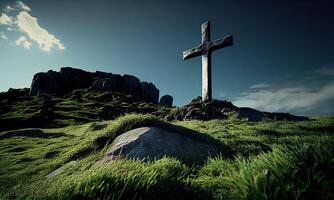 Kreuz im Morgen Grün Feld. Christian Kreuz von Jesus Christus auf ein Feld. generativ ai. foto