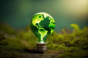 Umwelt Schutz, verlängerbar, nachhaltig Energie Quellen. das Grün Welt Karte ist auf ein Licht Birne Das repräsentiert Grün Energie verlängerbar Energie Das ist wichtig zu das Welt. generativ ai foto