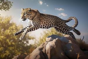 Leopard im ein springen. generativ ai. foto