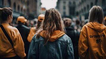 zurück Aussicht von ein Frauen. das Menge versammelt zu Protest. generativ ai foto