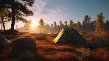 Dämmerung im das wild Camping beim Sonnenaufgang. generativ ai foto