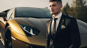 ein Nahansicht von ein Reich Geschäftsmann Stehen im Vorderseite von ein luxuriös Supersportwagen. generativ ai foto