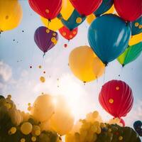 heiß Luft Luftballons fliegend im das Blau Himmel. bunt heiß Luft Luftballons. ai generiert foto
