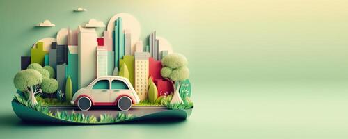 Öko freundlich Auto Banner mit Kopieren Raum Papier Schnitt Stil, verlängerbar und nachhaltig Energie. generativ ai foto