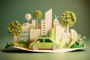 Öko freundlich Auto mit Stadtbild Papier Schnitt Stil, verlängerbar und nachhaltig Energie Konzept. generativ ai foto
