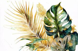 Monstera und Palme Blätter Blumen- Aquarell Hintergrund. generativ ai foto