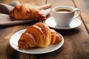 generativ ai Illustration von ein Croissant auf ein Teller neben von ein Kaffee foto