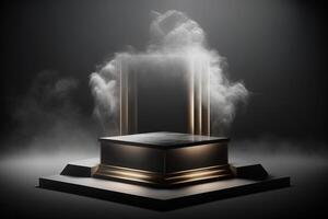 realistisch 3d Podium mit Rauch und dunkel Farbe zum Produkt Anzeige. ai generiert foto