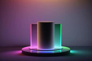 realistisch 3d Zylinder mit ein bunt Neon- Licht Podium zum Produkt Anzeige. ai generiert foto