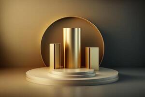 realistisch 3d Luxus und golden Podium zum Produkt Anzeige. ai generiert foto