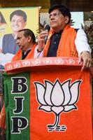 Neu Delhi, Indien - - März 27 2023 - - pijusch gerecht Kabinett Minister und Ader Mitglied von bharatiya Janata Party bjp während ein Rallye im Unterstützung von bjp Kandidat voraus von mcd lokal Körper Wahlen 2022 foto