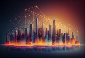 Clever Stadt und abstrakt Linie und Punkt verbinden mit Gradient Linie Design , groß Daten Verbindung Technologie Konzept. 3d machen . generieren ai foto